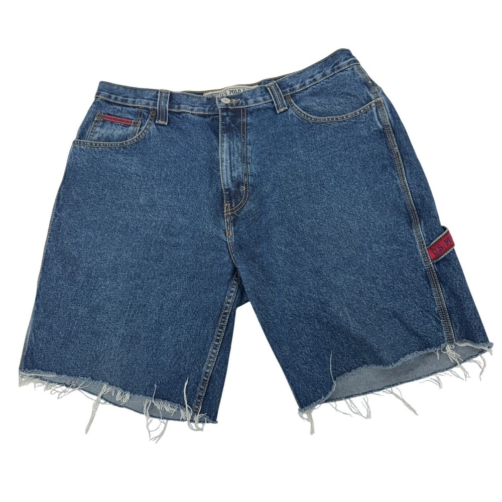 U.S. Polo Cut Off Carpenter Shorts Mens 38 Blue Denim Raw Hem Embroidered